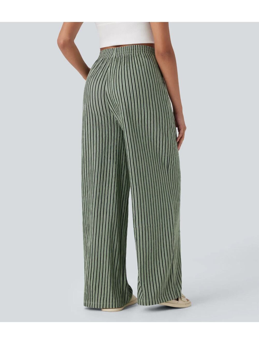 Halara High Waisted Straight Leg Crinkle Casual Pants Green Black Stripes Size M - Picture 2 of 8